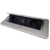 Блок врізний на 2 розетки + 2 USB з кришкою підйомної алюміній з круглими краями