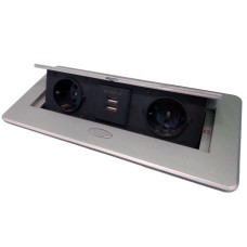 Блок врезной на 2 розетки + 2 USB с подъемной крышкой алюминий с круглыми краями