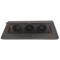 Блок врезной на 3 розетки с подъемной крышкой черный с круглыми краями