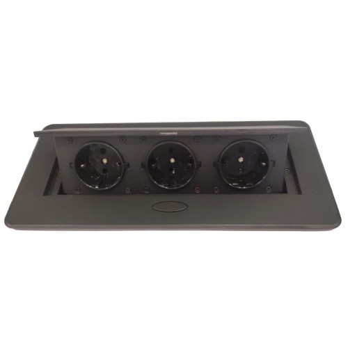 Блок врізний на 3 розетки з підйомною кришкою чорний з круглими краями - 120527