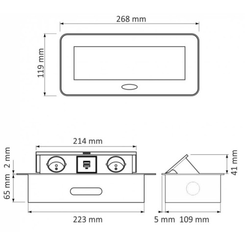 Блок врізний на 2 розетки + 2 USB з кришкою підйомної алюміній з круглими краями - 120528