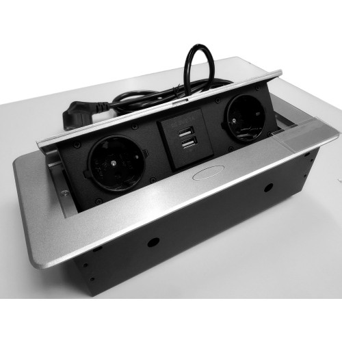 Блок врізний на 2 розетки + 2 USB з кришкою підйомної алюміній з круглими краями - 120528
