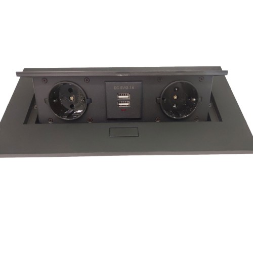 Блок врізний на 2 розетки + 2 USB із підйомною кришкою чорний - 120524