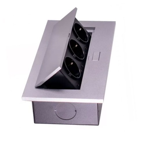 Блок врізний на 3 розетки з підйомною кришкою алюміній - 120519