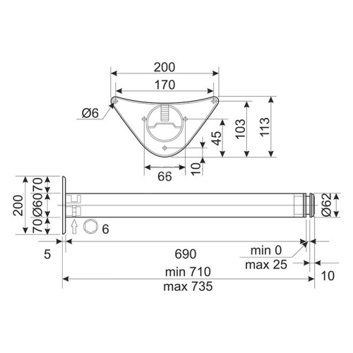 Опора для стола 710*60 мм G2 хром стальное бокове крепление DC SL - 15446