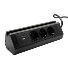Розетка кухонна горизонтальна з кабелем 3x16А, USB A+C 3.4А, чорний, EH-AR-308