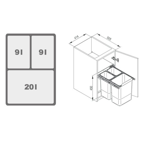 Мусорное ведро Rejs JC606 секция 450-500 (414x505x450) тройное 2x9L/1x20L пластик серый - WE14.1535.05.549