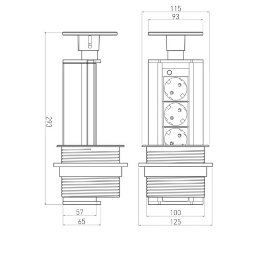 Вбудований висувний блок на 3 розетки заземлення Schuko срібний - AE-BPW3GS-80