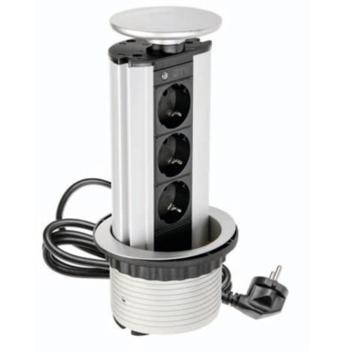 Вбудований висувний блок на 3 розетки заземлення Schuko срібний - AE-BPW3GS-80