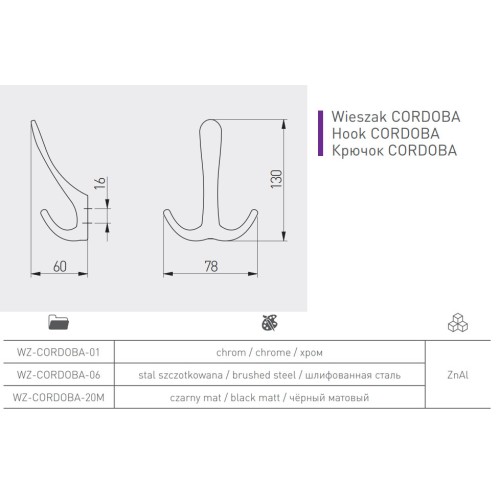Гачок GTV CORDOBA хром - WZ-CORDOBA-01