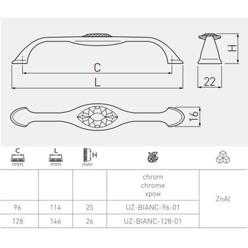 Ручка UZ-BIANC (96 мм, Хром) - UZ-BIANC-96-01