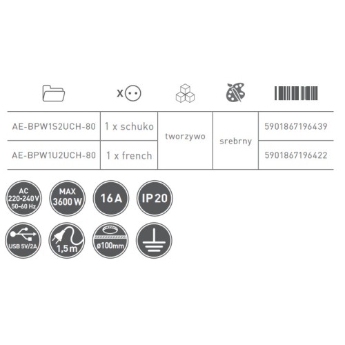 Подовжувач для офісу на 1 розетку із заземленням French, зарядка USB 5V 2A, сірий - AE-BPW1U2UCH-80