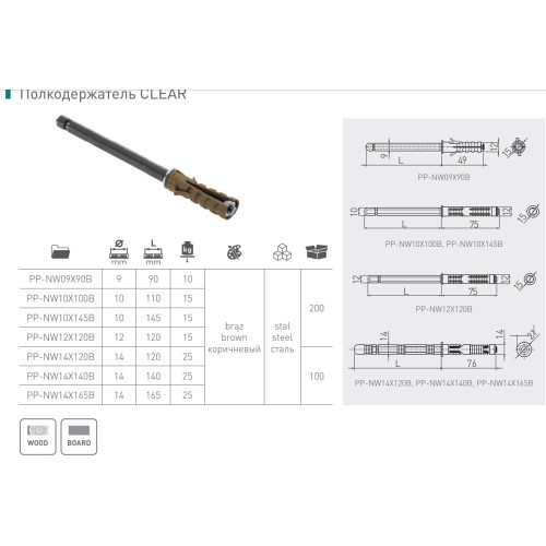 Полкотримач врізний 10х145 мм - PP-NW10X145B