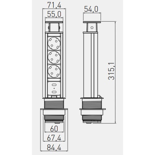Подовжувач для офісу d 60 із заземленням SCHUCKO на 3 розетки, 2xUSB сірий - AE-BPW3S60U-80