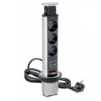 Подовжувач для офісу d 60 із заземленням SCHUCKO на 3 розетки, 2xUSB сірий