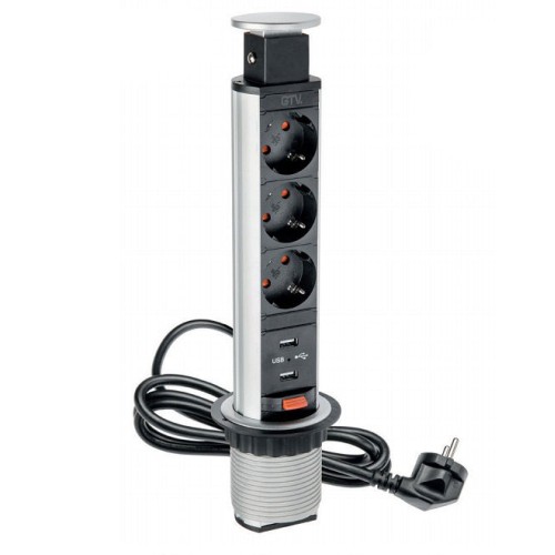 Подовжувач для офісу d 60 із заземленням SCHUCKO на 3 розетки, 2xUSB сірий - AE-BPW3S60U-80