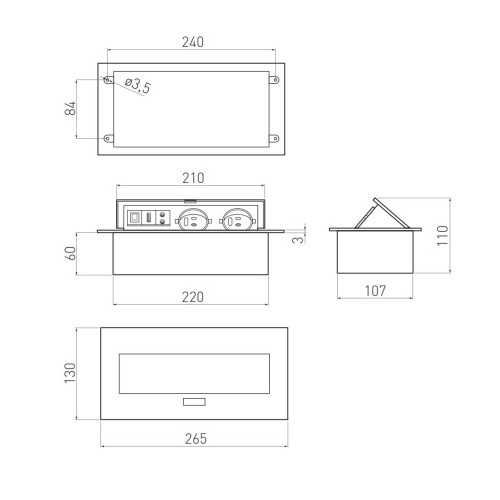 Подовжувач для офісу на 2 розетки USB аудіо інтернет вихід заземлення french алюміній - AE-PB02GU-53