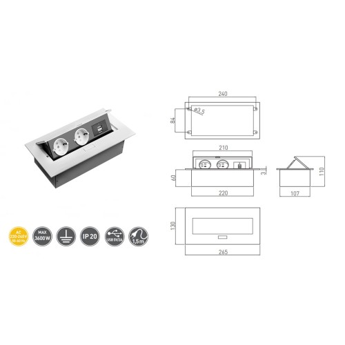 Подовжувач для офісу на 2 розетки із заземленням 2xUSB, білий, SCHUKO - AE-PBU02GS-10