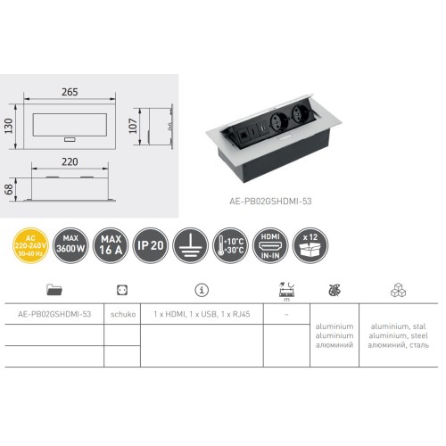 Подовжувач GTV 2 розетки SCHUKO USB HDMI інтернет-вихід Алюміній - AE-PB02GSHDMI-53