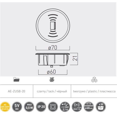 Вбудований зарядний пристрій GTV з USB-роз'ємом - AE-ZUSB-20