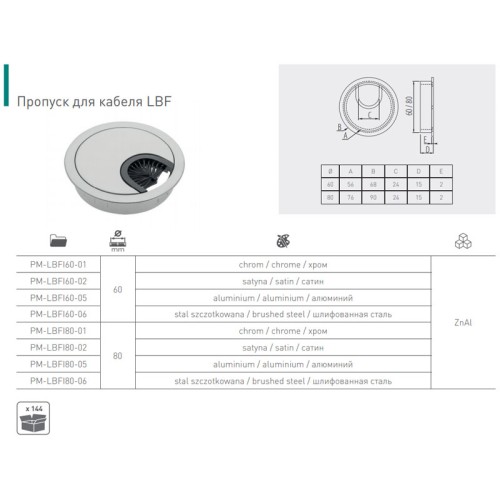 Заглушка под кабеля d 60 металлическая алюминий - PM-LBFI60-05