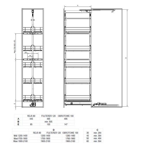 Карго REJS Maxima Silva ХРОМ/Графіт 300мм 1700-1900мм 5 полиць (без напрямних) WE32.0031.43.781