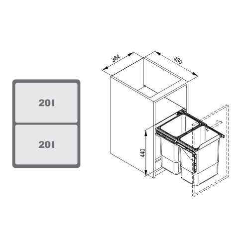 Мусорное ведро Rejs JC602 секция 400 (364x480x430) двойное 2x20L - WE14.1517.05.549