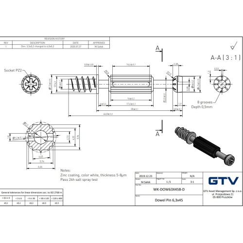 Стержень GTV з рухомим пластиком та різьбленням для дерева 44 мм - WK-DOW63X45-H