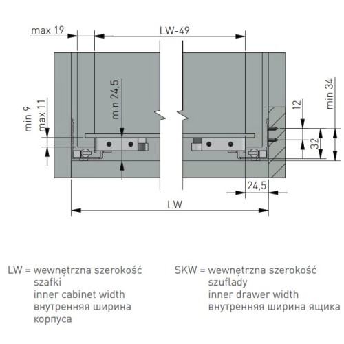 Направляюча MODERN SLIDE нижнього кріплення часткового висуву L-500 (16-18 мм) - PB-GCHX18-500-H