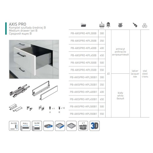 Висувна система AXIS PRO l-400 мм середній H116 Графіт - PB-AXISPRO-KPL400B