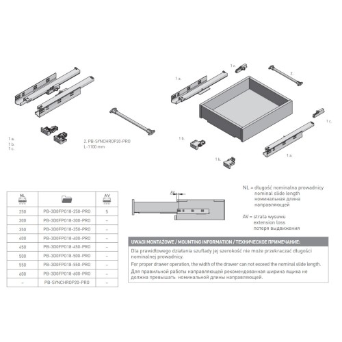 Напрямна Modern Slide нижнього кріплення повного висування L-550 (16-18 мм) 3D push to Open - PB-3D0FPO18-550-PRO