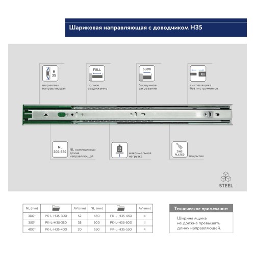 Направляючі кулькові GTV 350 VERSALITE з доводчиком H-35 - PK-L-H35-350