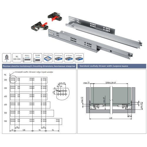 Напрямні MODERN SLIDE нижнього кріплення повного висування L-500 (16-18 мм) 3D - PB-3D0SHX18-500-H