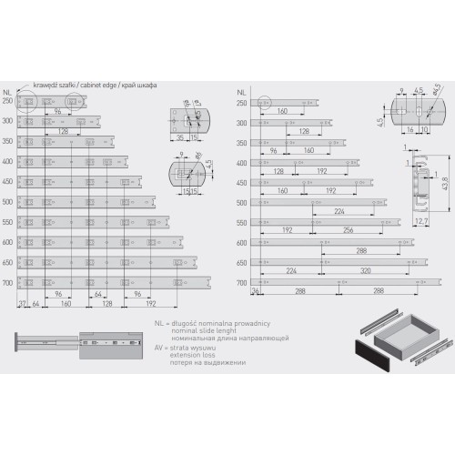 Напрямні кулькові, телескопічні для ящиків GTV 700 GX 1 - PK-0H45700GX1