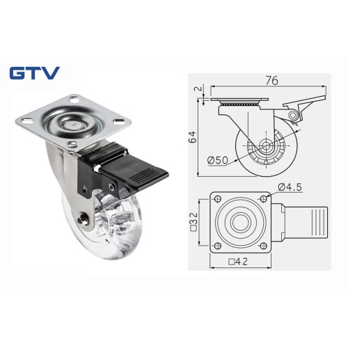 Мебельный ролик Brazylia d 50 прозрачный с фиксатором - KM-RD-50-CF