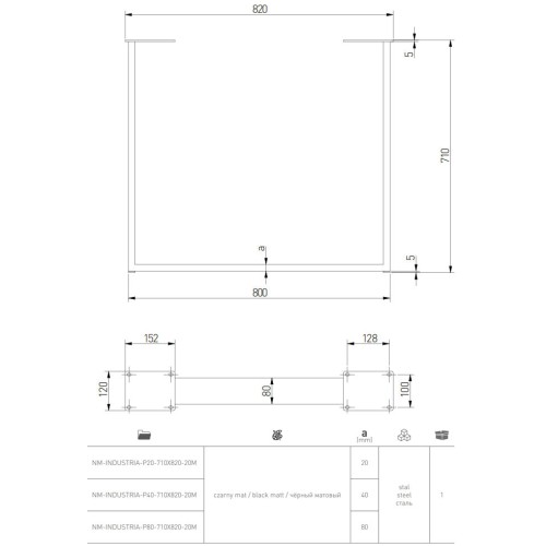 Каркас для столу GTV INDUSTRIA 710 mm x 820 мм прямокутний PRO профіль 80 x 80 мм чорний - NM-INDUSTRIA-P80-710X820-20M