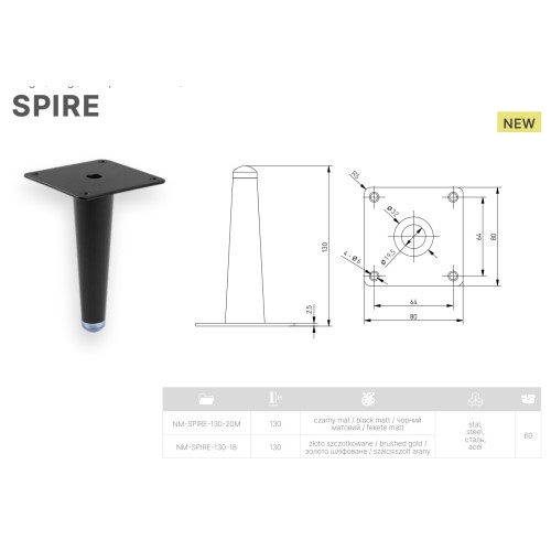 Ніжка меблева GTV SPIRE 130 мм, сталева, матове золото - NM-SPIRE-130-18