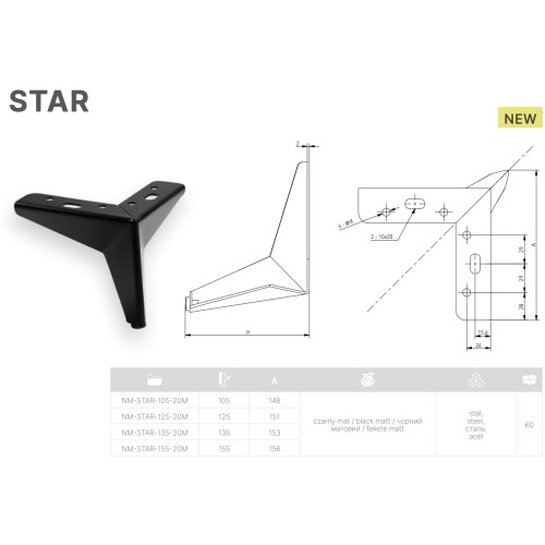 Мебельная ножка GTV STAR 135 мм, треугольная, черная матовая - NM-STAR-135-20M