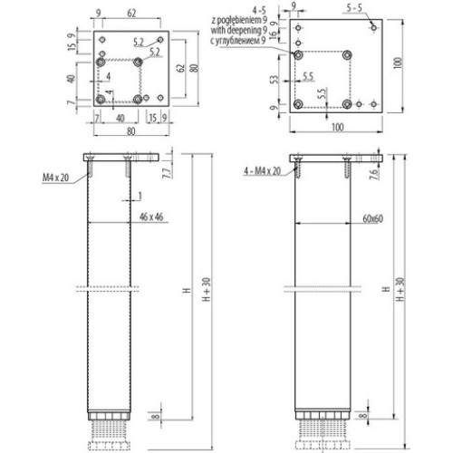 Квадратна меблева опора з регулюванням 60х60х710 - nm-60r710-05