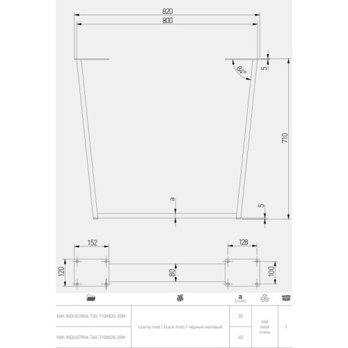 Каркас для столу GTV INDUSTRIA 710 мм x 820 мм трапеція профіль 80 x 40 мм чорний - NM-INDUSTRIA-T40-720X820-20M