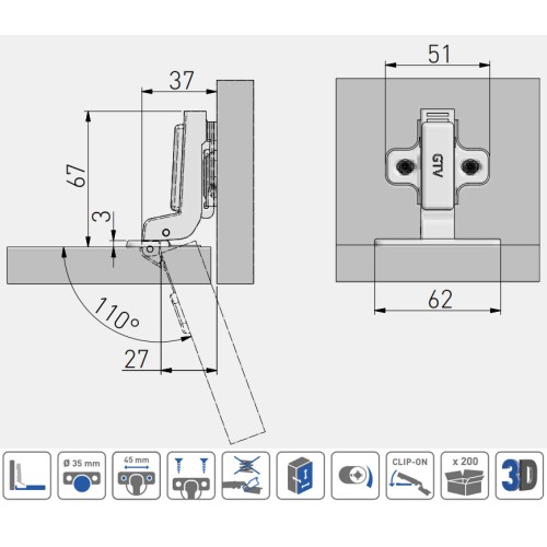 Петля внутрішня GTV Clip без пружини без ексцентрикового регулювання - ZP-COCA7450-BE-F