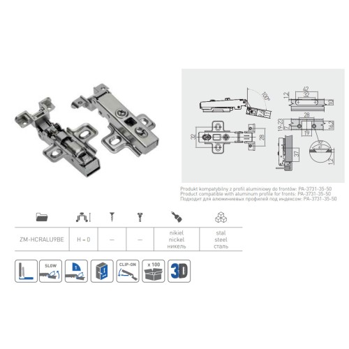Петля GTV кліпова для алюмінієвих рамок накладна з доводчиком - ZM-HCRALU9BE