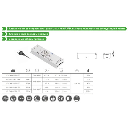 Трансформатор GTV SLIM EASY CLICK 12V 9W з проводом та miniAMP - LD-ZAS09WEC-30