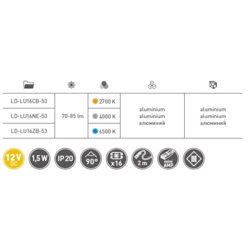 Світильник LED Lumino 12V DC, 1.5W, 16 SMD3528, 200см провід з miniAMP т/б, алюміній - LD-LU16CB-53
