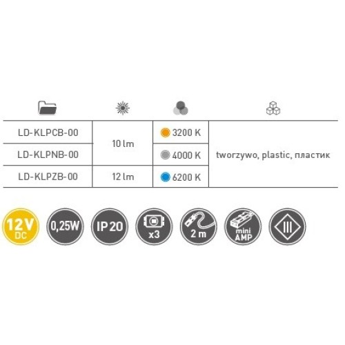 Кліпса пластикова освітлювальна до скляних полиць DC 12v, 3 SMD LED, 0,25w, 2м провід, холодний білий - LD-KLPZB-00N