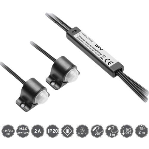 Вимикач із двома датчиками руху PIR, 2 датчики, кабель 2м., Чорний - AE-WBEZDPIR2-20