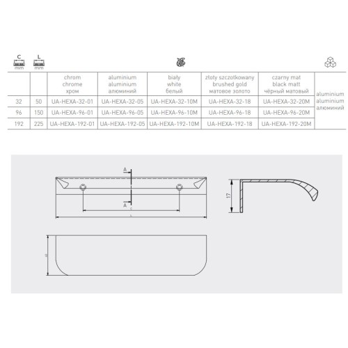 Ручка мебельная торцевая GTV HEXA Хром C=032 mm - UA-HEXA-32-01