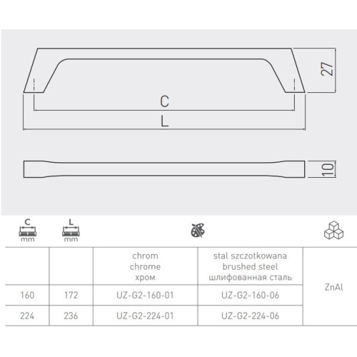 Ручка GTV UZ-G2 160 мм Хром - UZ-G2-160-01