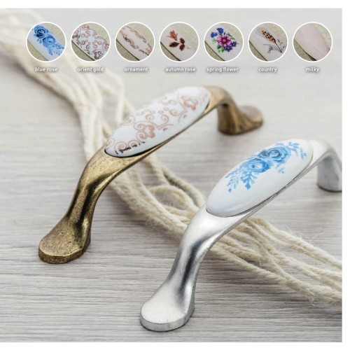 Ручка 728-P Античне срібло + кераміка блакитна квітка blue rose - UP-WP0728-PA-07