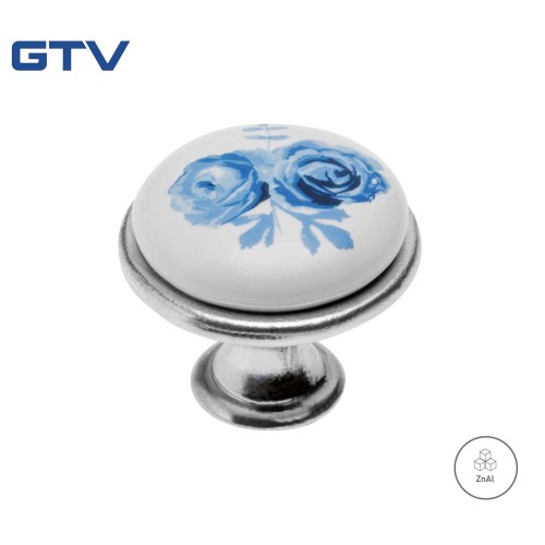 Ручка кнопка 728-P Античне срібло+кераміка блакитна квітка - GP-0728-J4-A-07